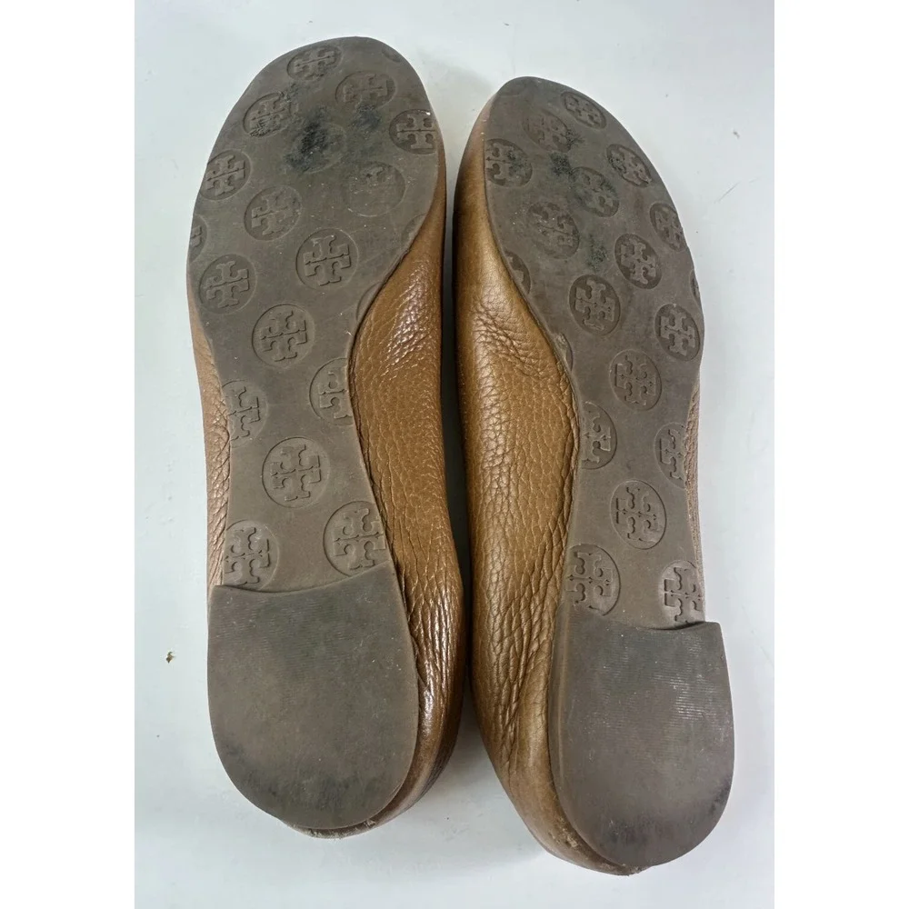 Tory Burch Reva Pebbled Leather Ballet Flats Royal Tan Camel Women Shoe Size 7M - Picture 10 of 15